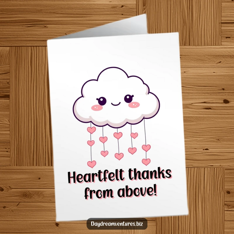 Funny Free Printable Thank You Card: A playful cloud character raining tiny, sparkling hearts to convey sincere appreciation.