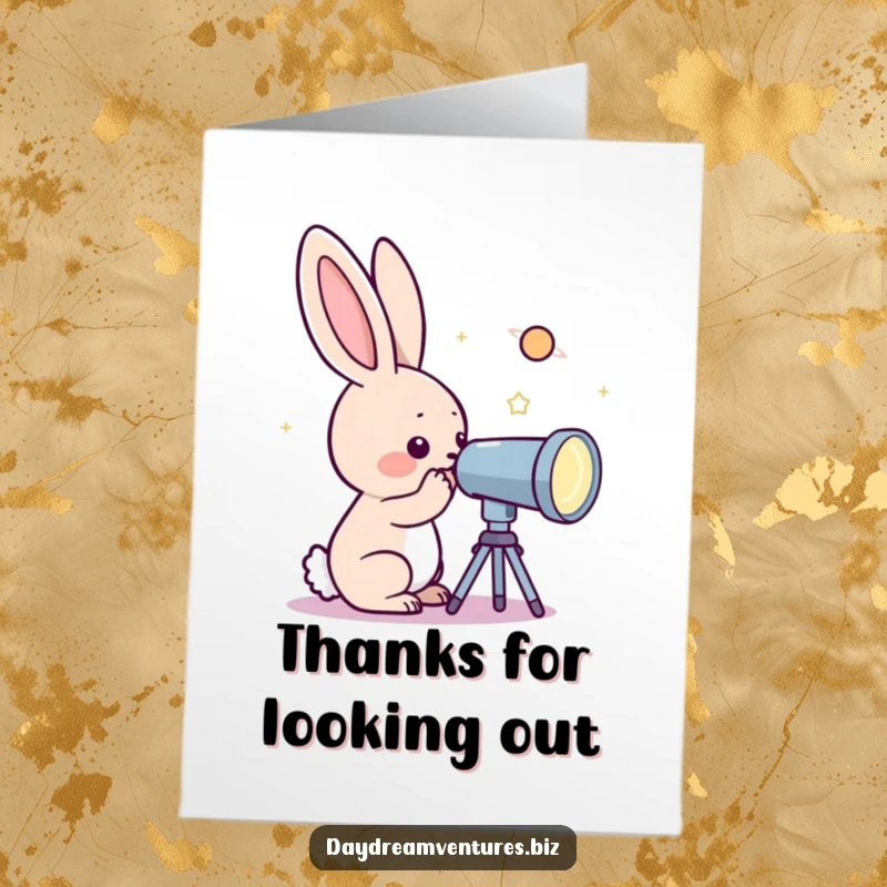 Funny Free Printable Thank You Card illustrating a curious rabbit looking through a telescope at a distant, glittering planet, conveying thanks.