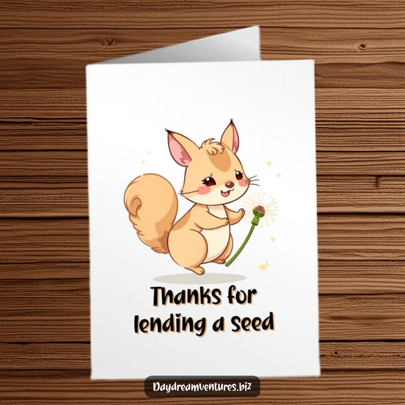 Funny Free Printable Thank You Card illustrating a whimsical squirrel riding a dandelion seed, floating gently on a breezy day.