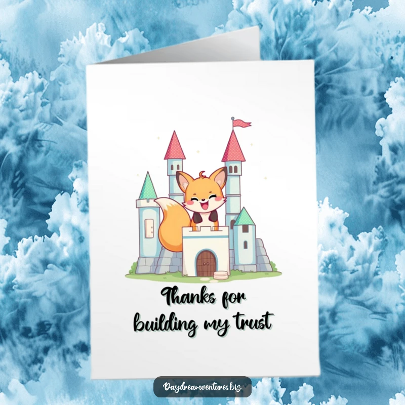 Funny Free Printable Thank You Card illustrating a happy fox assembling a fantastic castle from glowing, shimmering blocks, conveying thanks.