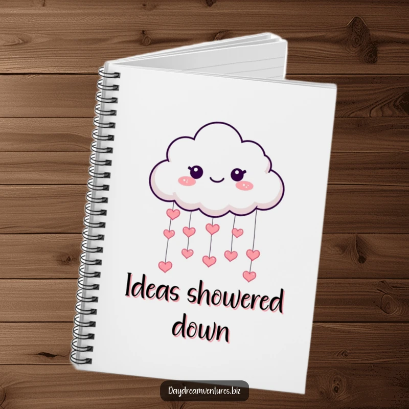 Funny cloud notebook, a playful character raining hearts, ideal for notes and a loving funny gift.