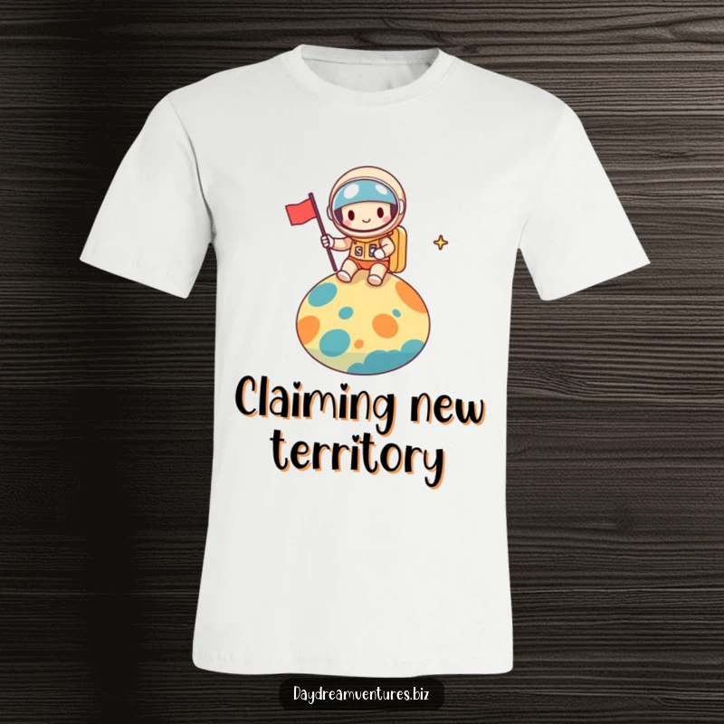 Funny space explorer t-shirt, a cheerful character planting a flag on a vibrant planet, heroic and humorous, a great funny gift.