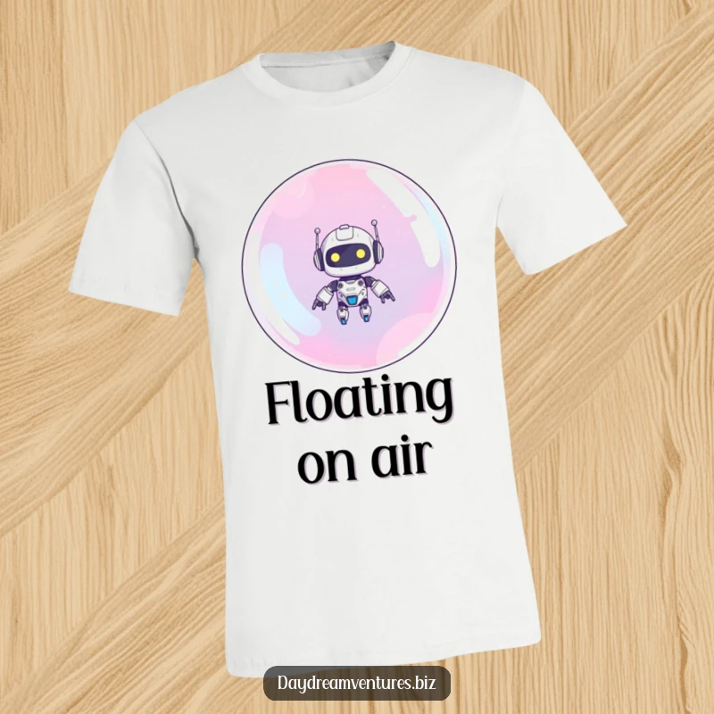 Funny robot t-shirt featuring a cute robot floating upwards on a giant bubble, embodying playful adventure and technology.