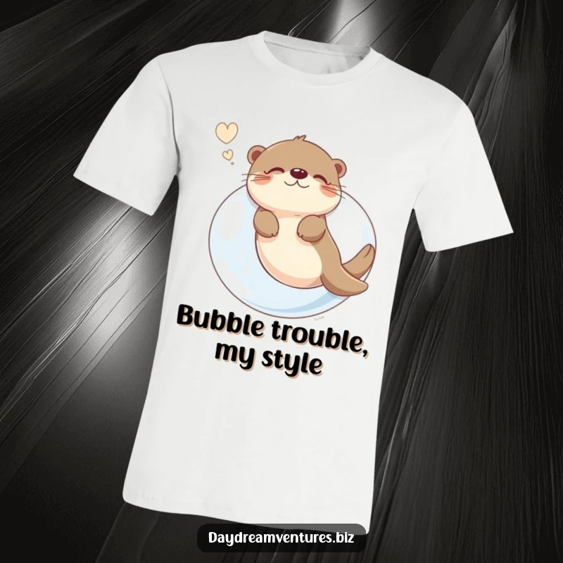 Funny playful otter character joyfully floating on a giant bubble, dreaming big, on a soft t-shirt, a hilarious gift idea.
