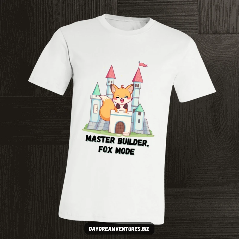 Funny happy fox character constructing a glowing block castle, on a t-shirt, a humorous and imaginative design.