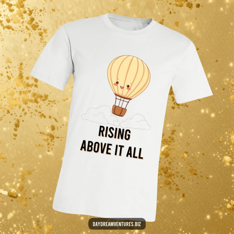 Funny hot air balloon t-shirt, a joyful character peacefully floating over fluffy clouds, conveying peace and happiness, a funny gift.