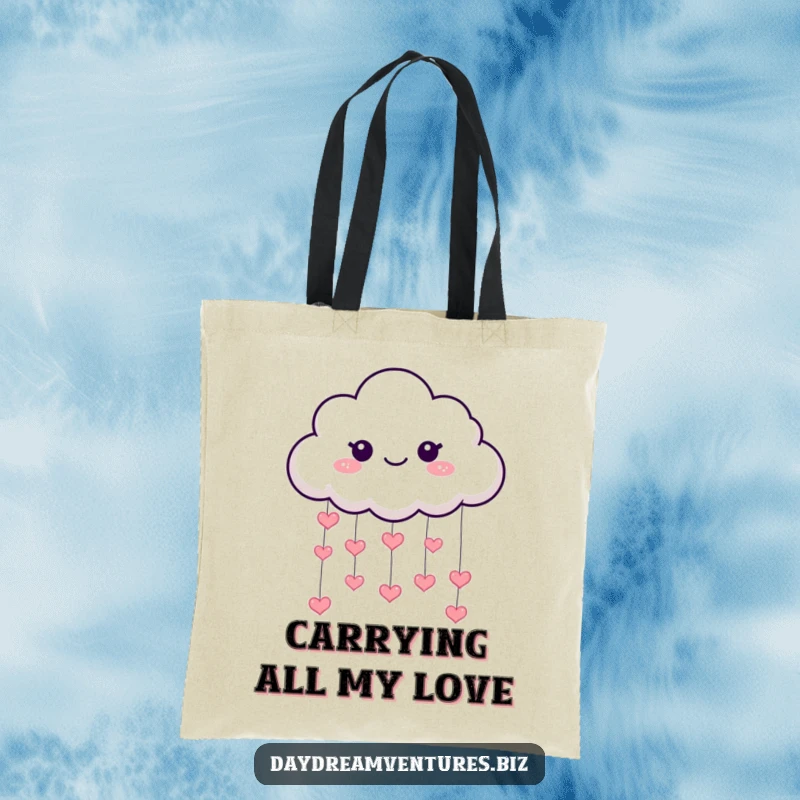 Funny cloud tote bag, a playful character raining hearts, perfect for carrying love and essentials, a delightful funny gift.