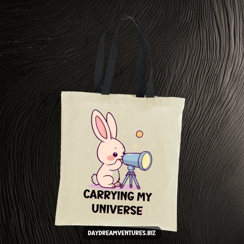 Funny rabbit character looking through a telescope at a sparkling planet, on a tote bag, a humorous carry-all.