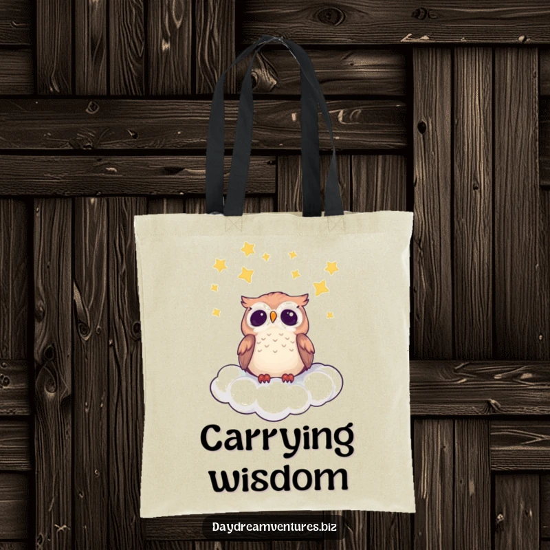 Cute owl character on a tote bag, gazing at stars from a cloud, perfect for celestial lovers.
