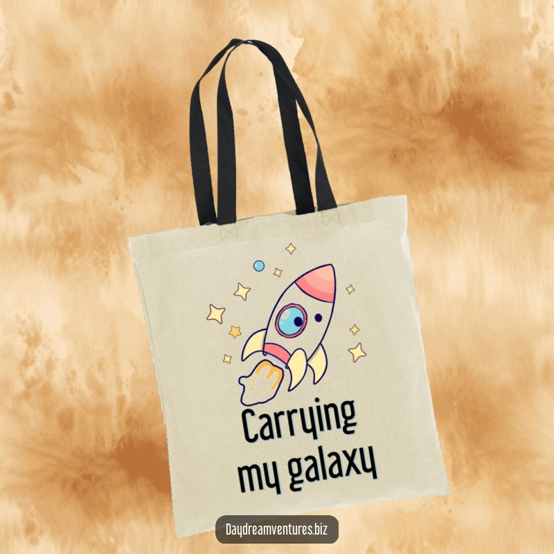 Funny rocket ship tote bag featuring a whimsical character embarking on a stellar journey, ideal for space lovers and a funny gift.