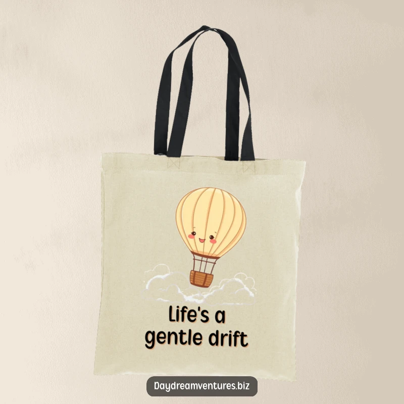 Funny hot air balloon tote bag, a joyful character floating over clouds, stylish and practical, a delightful funny gift.